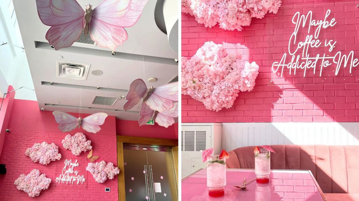 Alaïa Cafe interior with butterflies hanging from the ceiling. Right: Alaïa Cafe table and pink drinks.