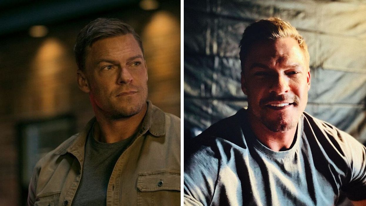 Alan Ritchson as his character Jack Reacher in an episode of the show. Right: Alan Ritchson smiling at the camera while on set for Reacher.