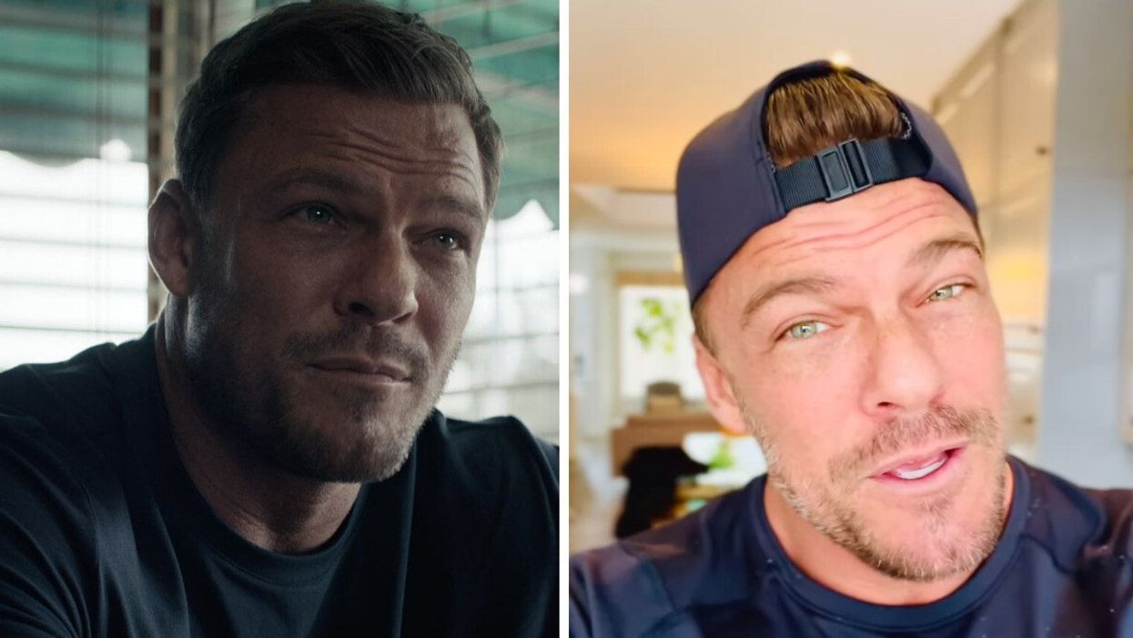 Alan Ritchson as Jack Reacher in the Amazon Prime series staring at someone off screen in the episode. Right: Alan Ritchson wearing a backwards cap in an Instagram video.