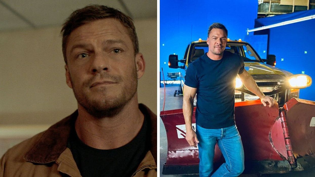 Alan Ritchson as Jack Reacher in the Reacher series. Right: Alan Ritchson on the Reacher set standing next to a snow plow in Toronto.