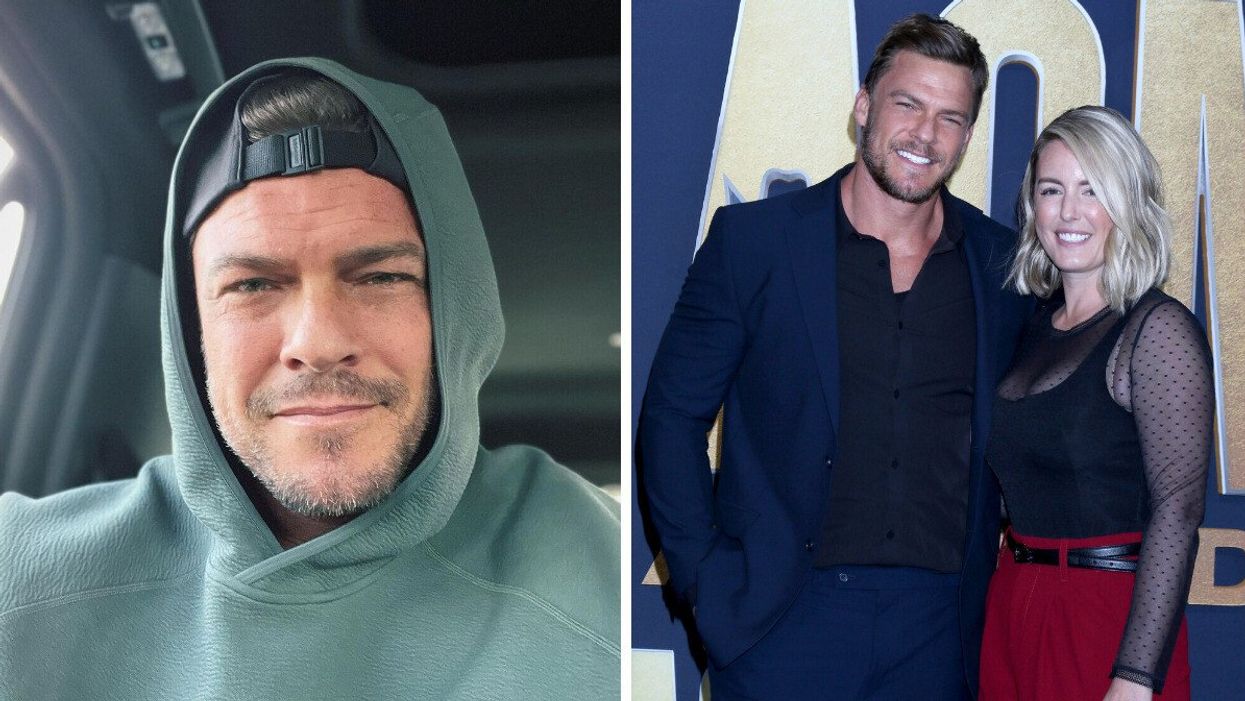 Alan Ritchson. Right: Alan Ritchson with his wife Catherine Ritchson at the 2022 Academy of Country Music Awards.