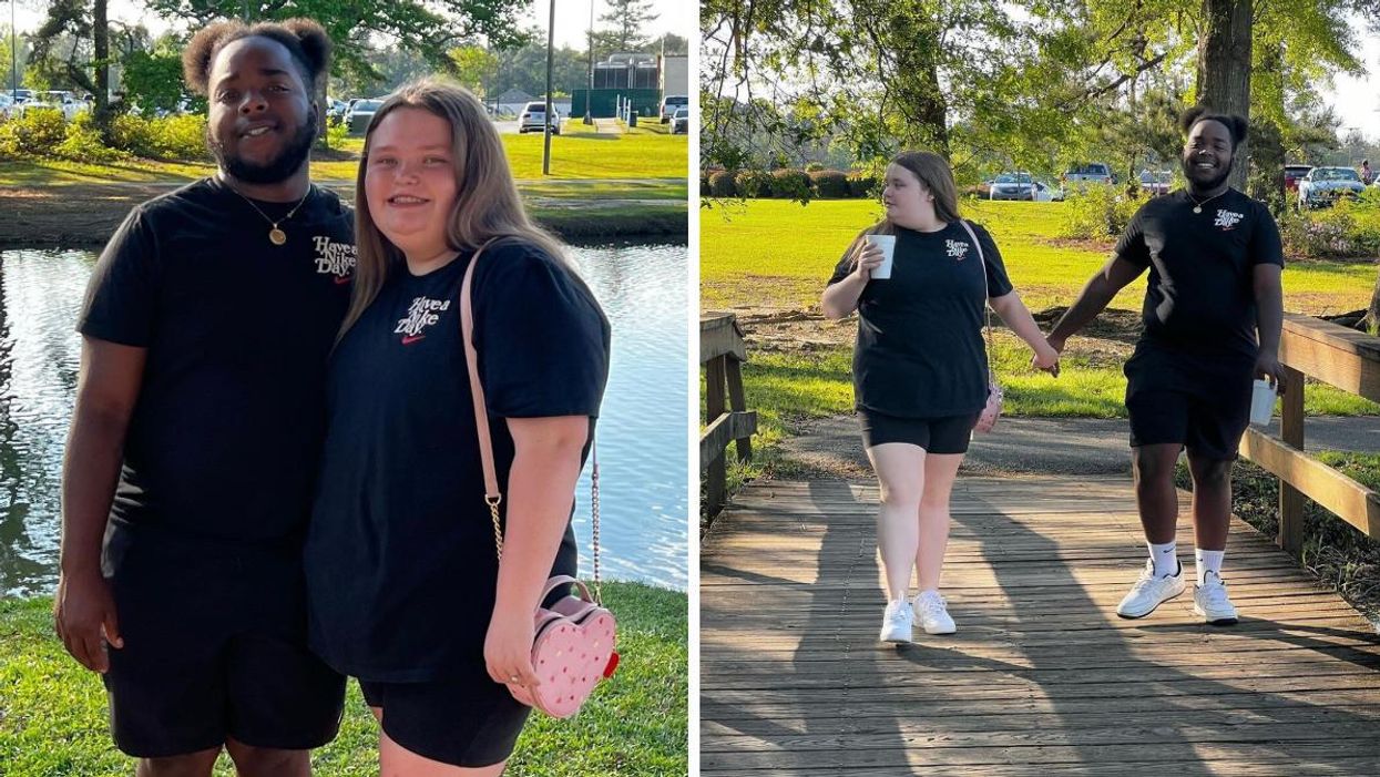 Alana "Honey Boo Boo" Thompson and Dralin Carswell in front of a lake. Right: The couple on a bridge holding hands.
