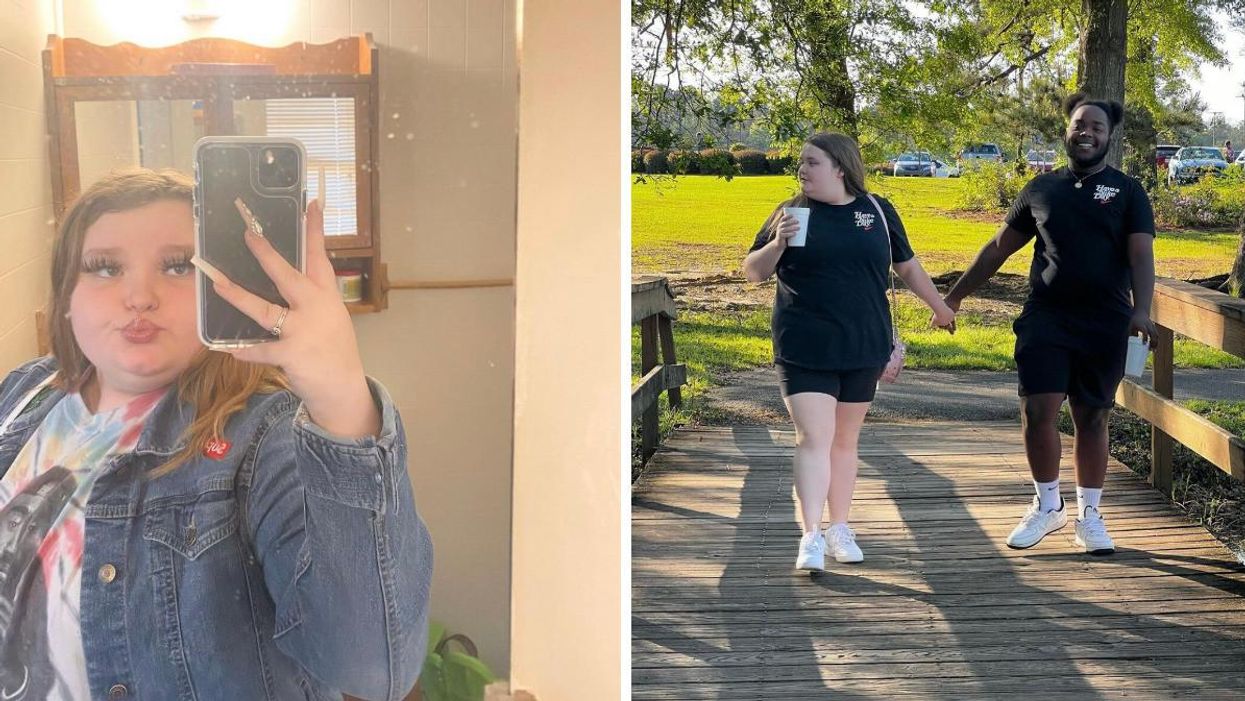 Alana "Honey Boo Boo" Thompson taking a mirror selfie. Right: Alana "Honey Boo Boo" Thompson holding hands with her boyfriend.