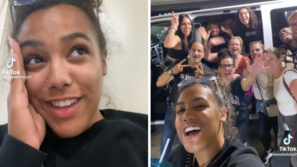Alanah in her viral TikTok. Right: The group next to a rented van.