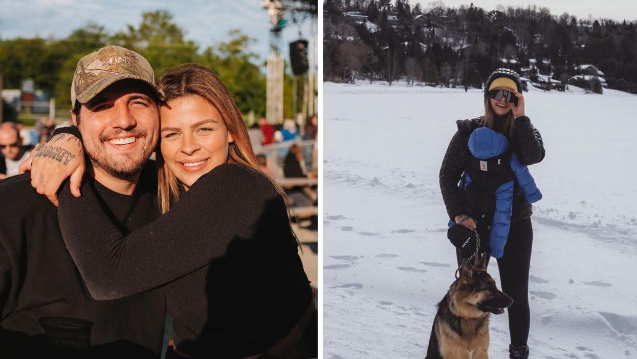 Alanis Desilets et son fiancé Joël Giguère. Droite : Alanis Desilets et son enfant.