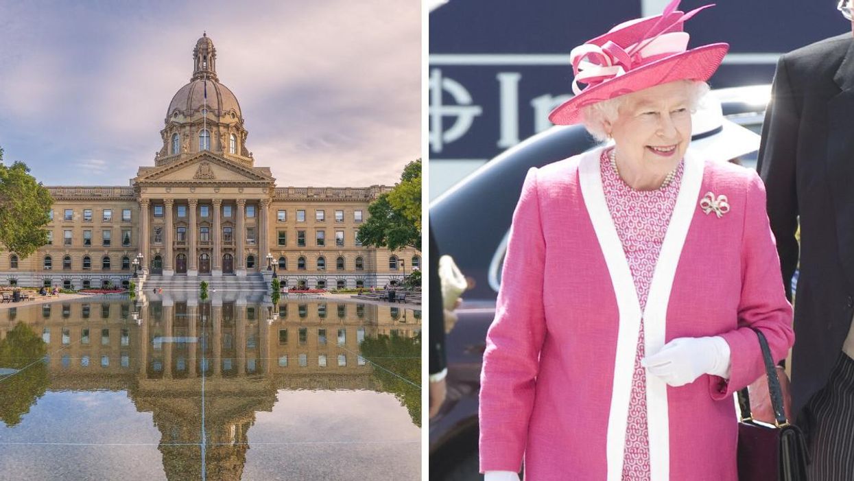 Alberta Legislature Building. Right: Queen Elizabeth II