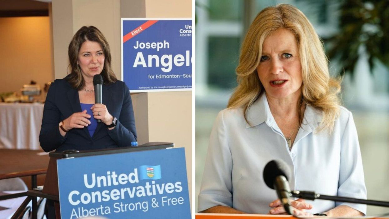 Alberta premier Danielle Smith. Right: NDP leader Rachel Notley.