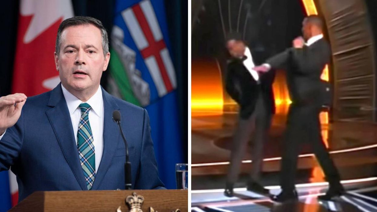 Alberta Premier Jason Kenney. Right: Will Smith hits Chris Rock.