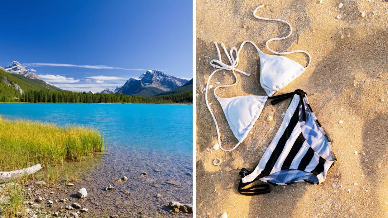 Alberta. Right: A bathing suit on sand.