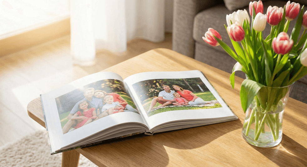 Album photo de famille sur table en bois avec tulipes, id\u00e9e cadeau f\u00eate des M\u00e8res.