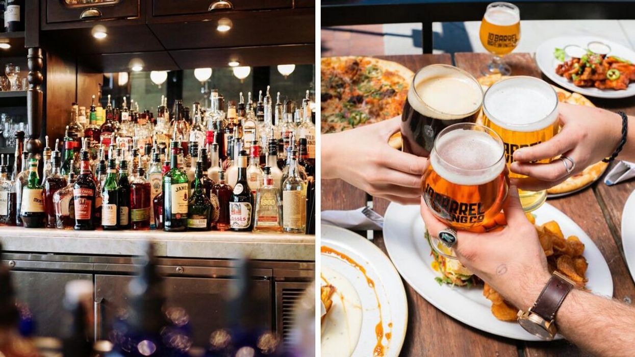 Alcohol bottles on display behind a bar. Right: People holding glasses of beer over their meals.