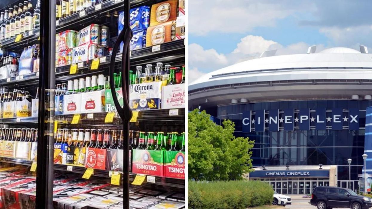 Alcoholic beverages within a fridge. Right: A Cineplex movie theatre in Ontario.