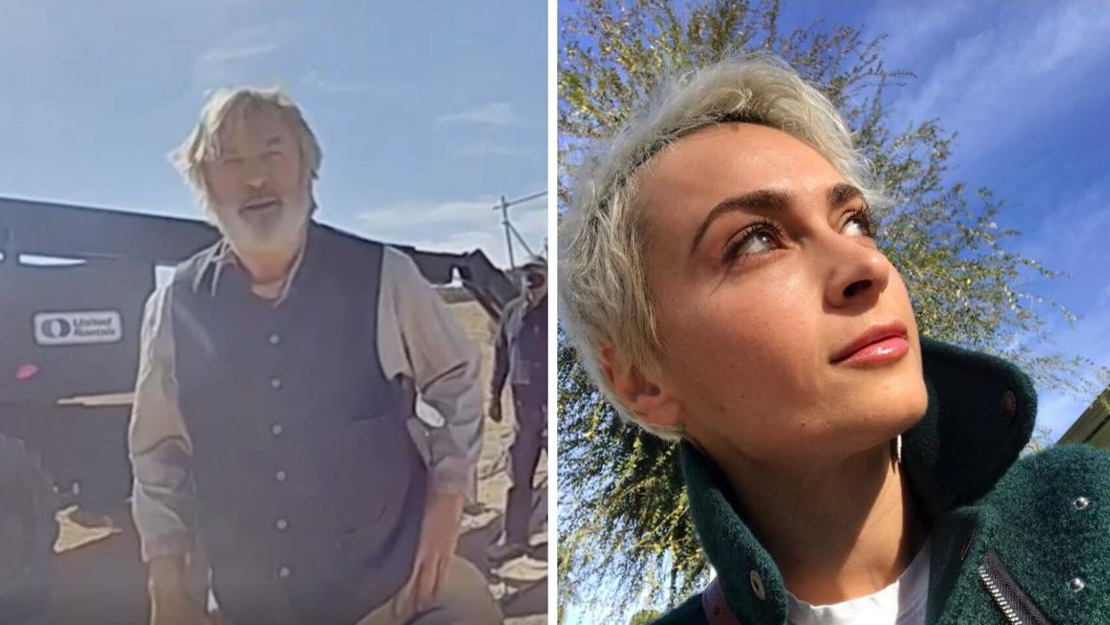 Alec Baldwin after Halyna Hutchins was shot. Right: Halyna Hutchins.