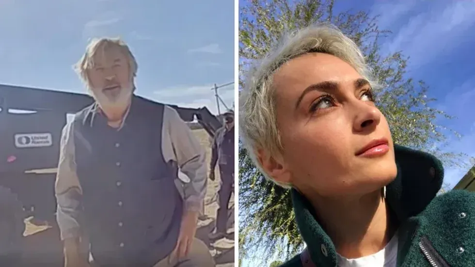 Alec Baldwin after Halyna Hutchins was shot. Right: Halyna Hutchins.