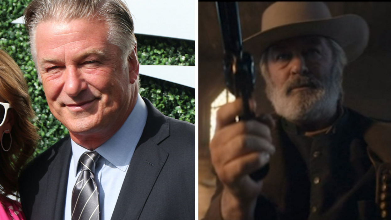 Alec Baldwin. Right: Alec Baldwin with a gun on the 'Rust' set.