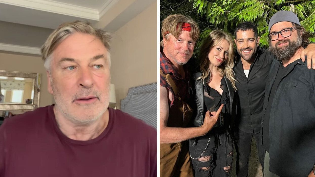 Alec Baldwin. Right: Lochlyn Munro, Chelsey Reist, Jesse Metcalfe and director Brian Skiba.