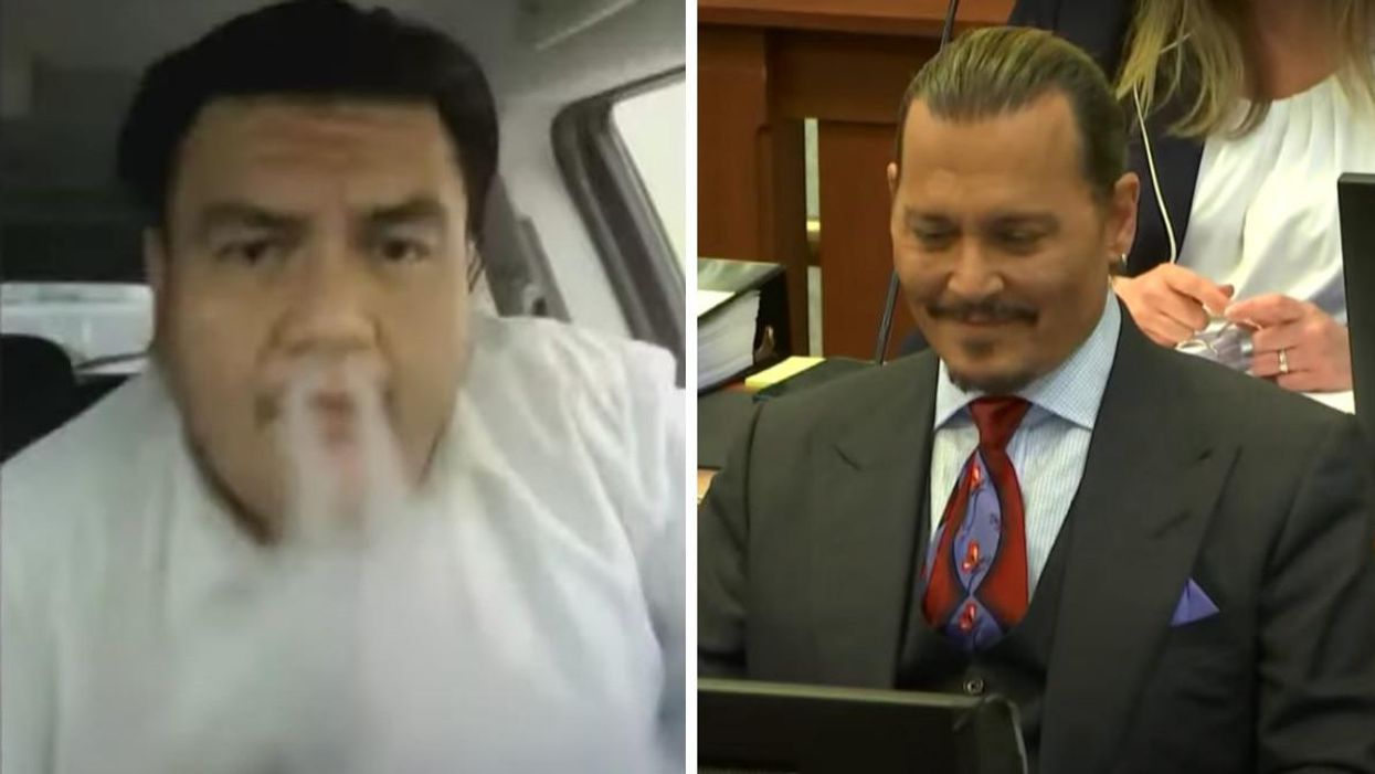 Alejandro Romero vaping in his car. Right: Johnny Depp at trial.