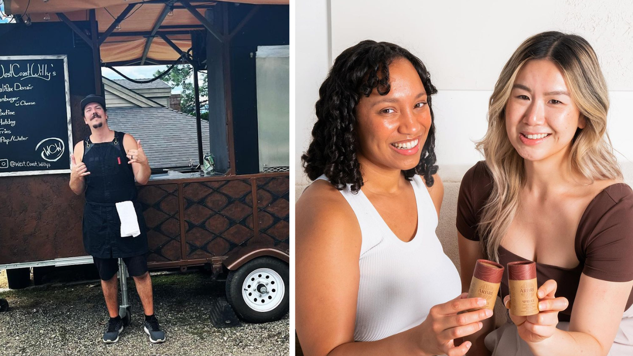 Alex Gillard stands in front of the West Coast Willy's food truck wearing a black apron, smiling and making a "shaka" hand gesture with each hand. Right: Kristina Knox & Stephanie Tien sit next to each other, smiling at the camera and each holding up a small cardboard container of their "Arbre" powdered sunscreen.