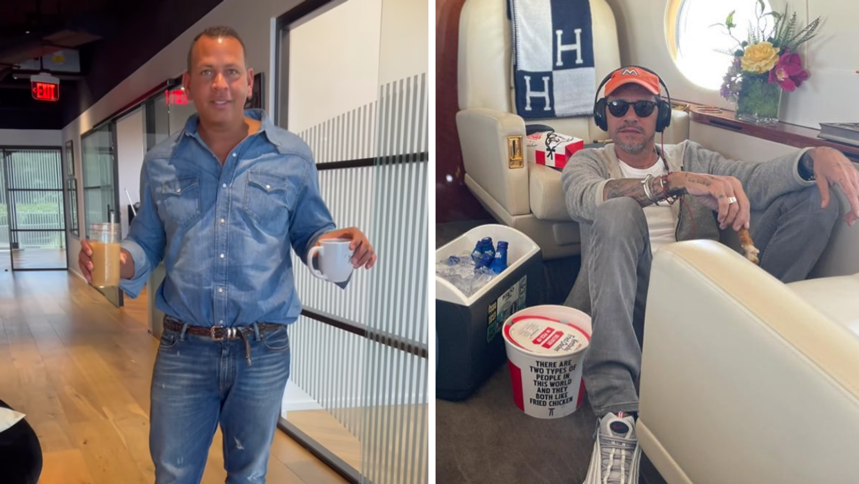 Alex Rodriguez holding two drinks. Right: Marc Anthony sitting on the floor of a private plane.