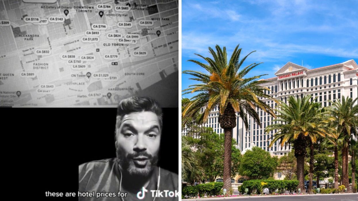 Alexander Piskopos from the Banfield Group in a TikTok video. Right: Caesars Palace in Las Vegas.