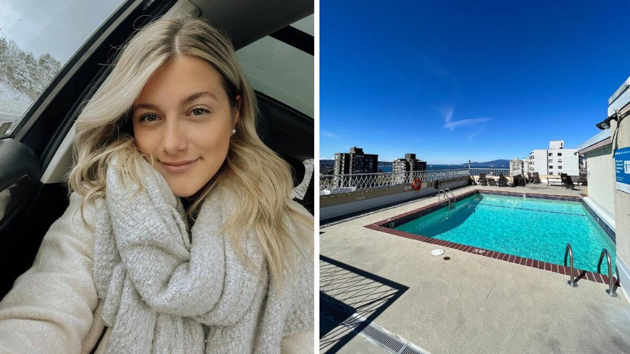 Alexandra Lapierre d'Occupation Double. Droite : Piscine du condo d'Alexandra Lapierre.