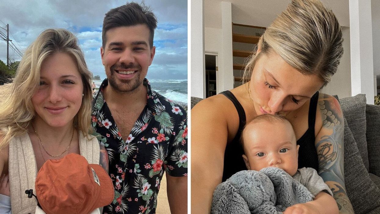 Alexandra Lapierre, Yannick Martel et leur bébé. Droite : Alexandra d'OD et son garçon Logan.