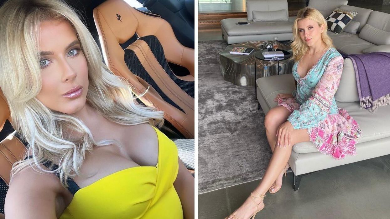 Alexandra Rose in a yellow top. Right: Rose in a pink and blue dress.