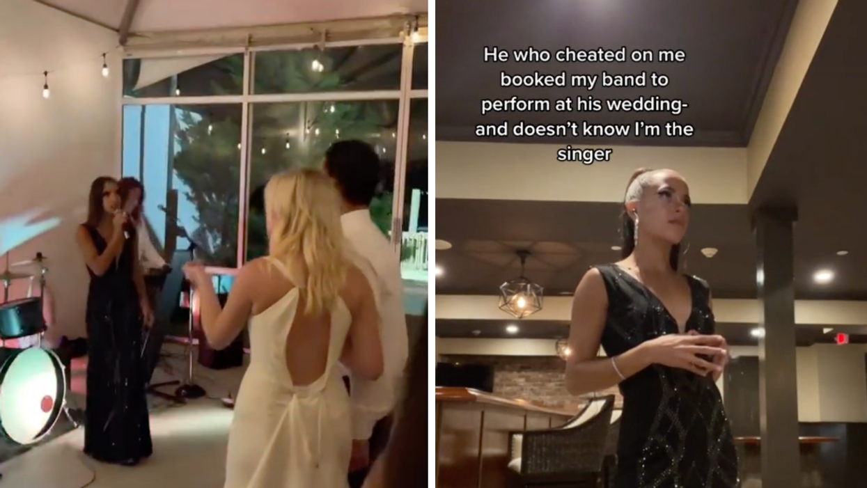 Alexandra Starr singing to the wedding couple. Right: Alexandra Starr showing what she is about to do.