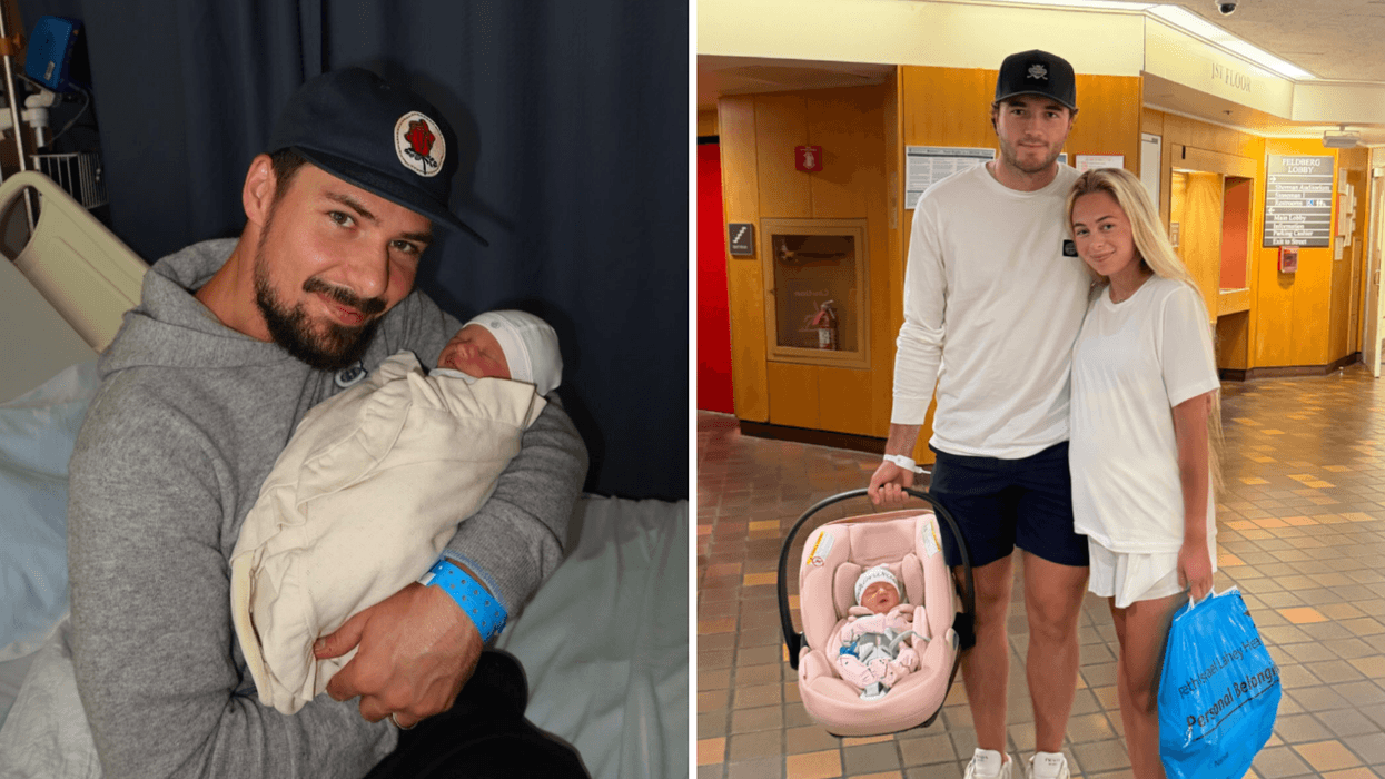 Alexandre Carrier et son bébé. Droite : Noah et Alexa Dobson ainsi que leur bébé Veronika.