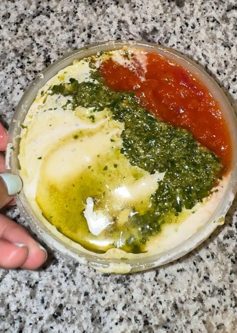 Alfredo, pesto, tomato sauce in a containter.
