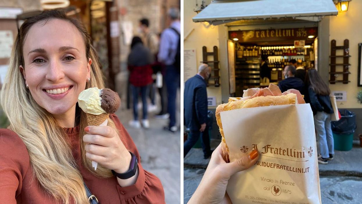 Ali enjoying gelato and a panino in Italy.