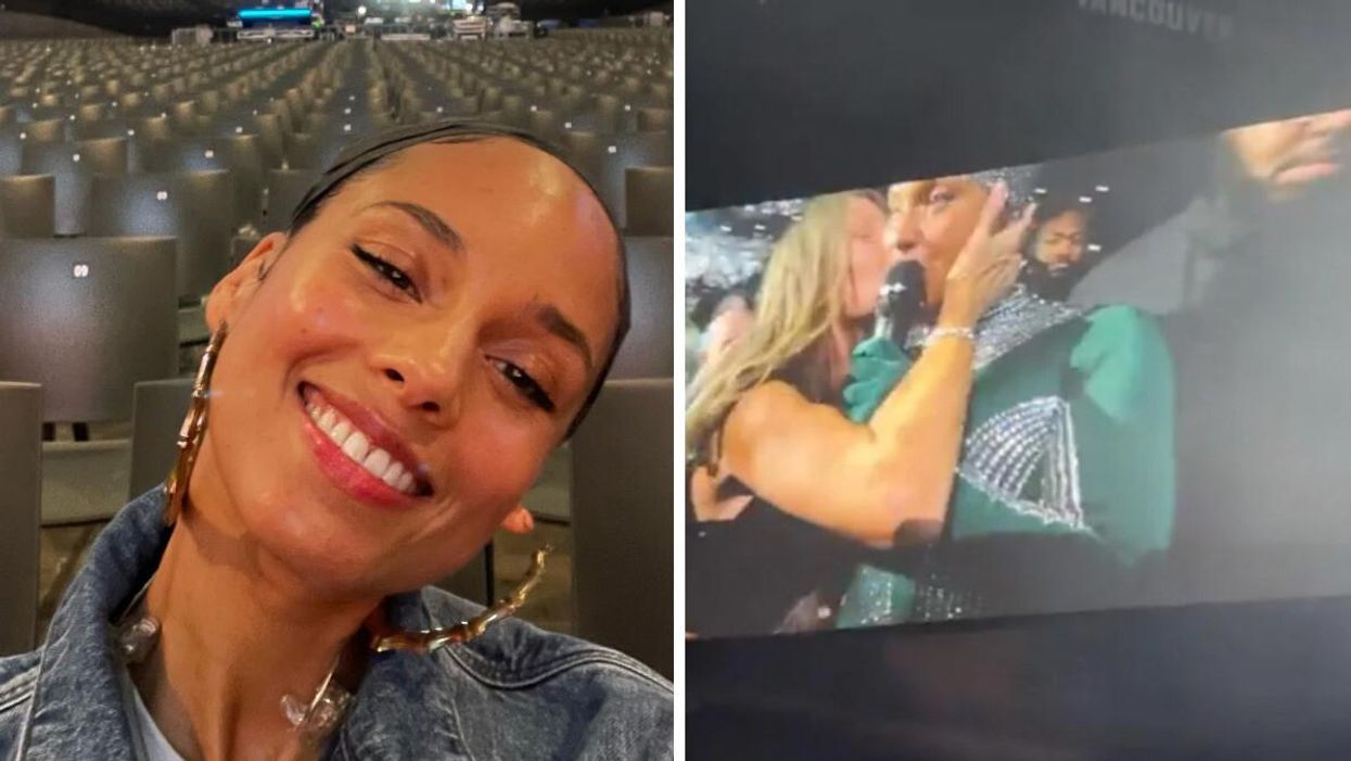 Alicia Keys. Right: Alicia Keys being kissed by a fan.