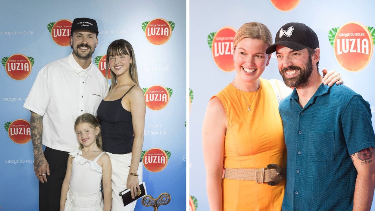 Alicia Moffet et Frédérick Robichaud, avec la petite Billie Lou sur le tapis rouge de Luzia du Cirque du Soleil. Droite : L'athlète Charles Hamelin et l'animatrice Geneviève Tardif.
