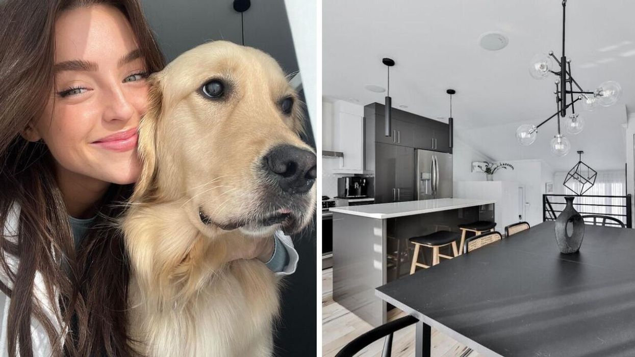 Alicia Moffet et son chien. Droite : La maison d'Alicia Moffet à vendre.