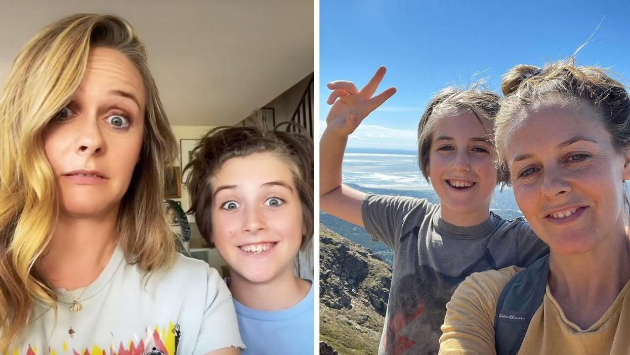 Alicia Silverstone and her son making silly face. Right: Alicia Silverstone and her son.