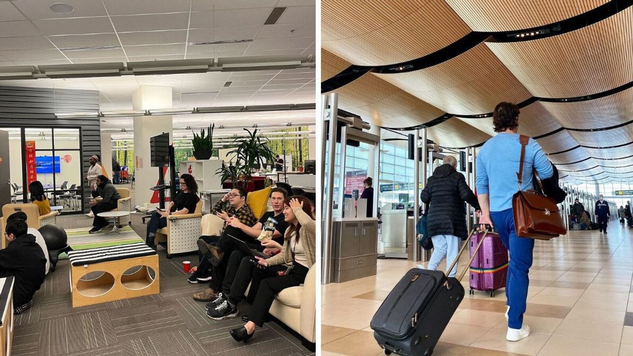 Alida employees in an office. Right: Person walking through an airport in Canada.