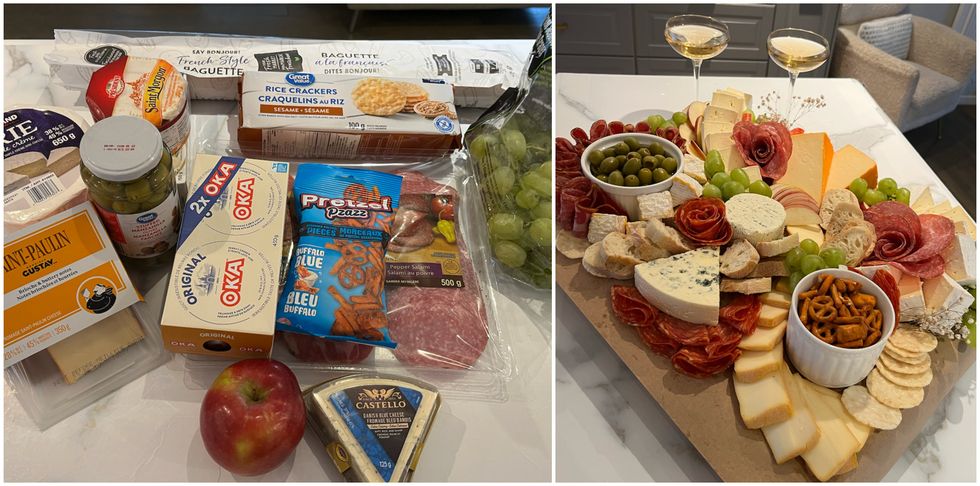 Aliments (fromage, charcuteries, fruits, craquelins) sur un comptoir. Droite : Gros plateau de fromages et charcuteries.