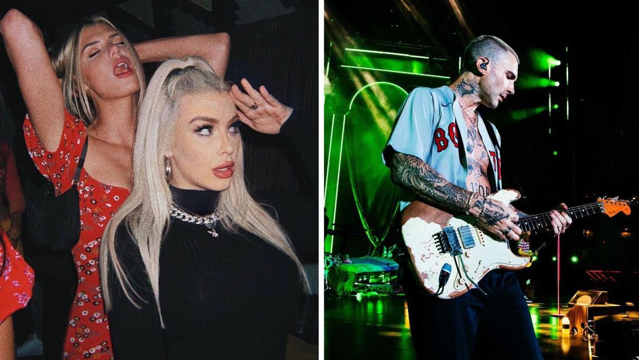 Alissa Violet and Tana Mongeau. Right: Adam Levine playing the guitar.
