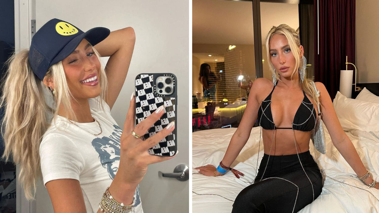 Alix Earle in a hat taking a mirror selfie. Right: Alix Earle in a black outfit sitting on a bed.