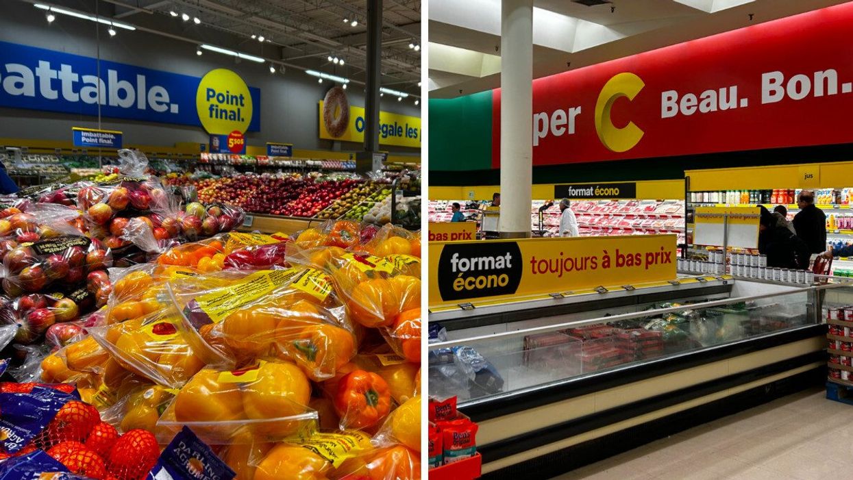 Allée des fruits et légumes du Maxi avec des poivrons, des agrumes et des pommes en premier plan. Droite : Allée réfrigérée du Super C avec des pancartes jaunes.