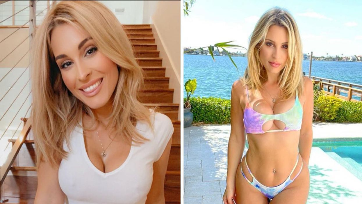 Allie Rae sitting on a staircase. Right: Allie Rae outside in a swimsuit.