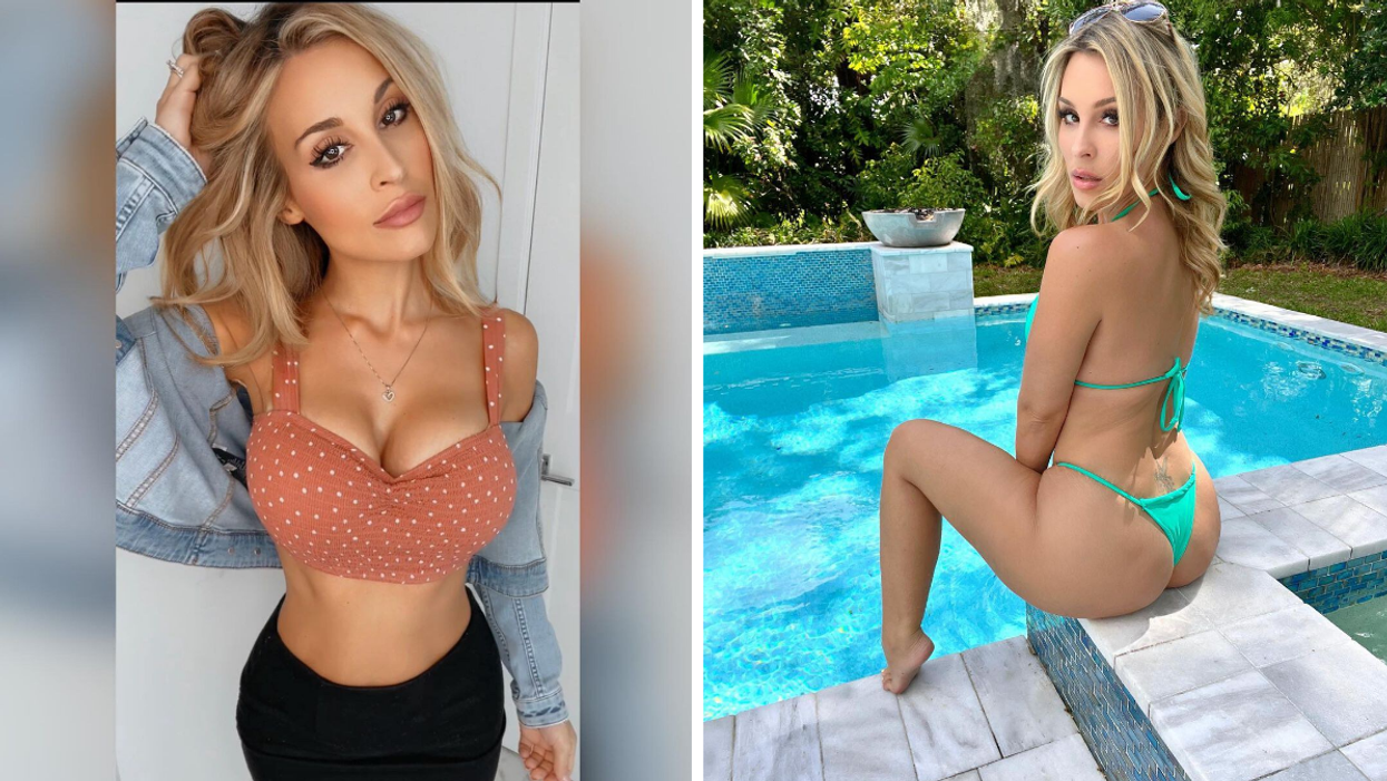 Allie Rae with her hand in her hair. Right: Allie Rae poolside with a bathing suit on.