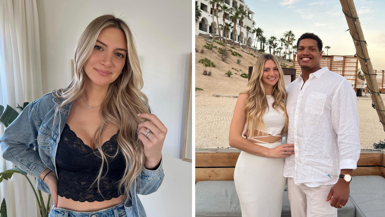 Allison Kuch in a jean jacket. Right: Allison Kuch and Isaac Rochelle.