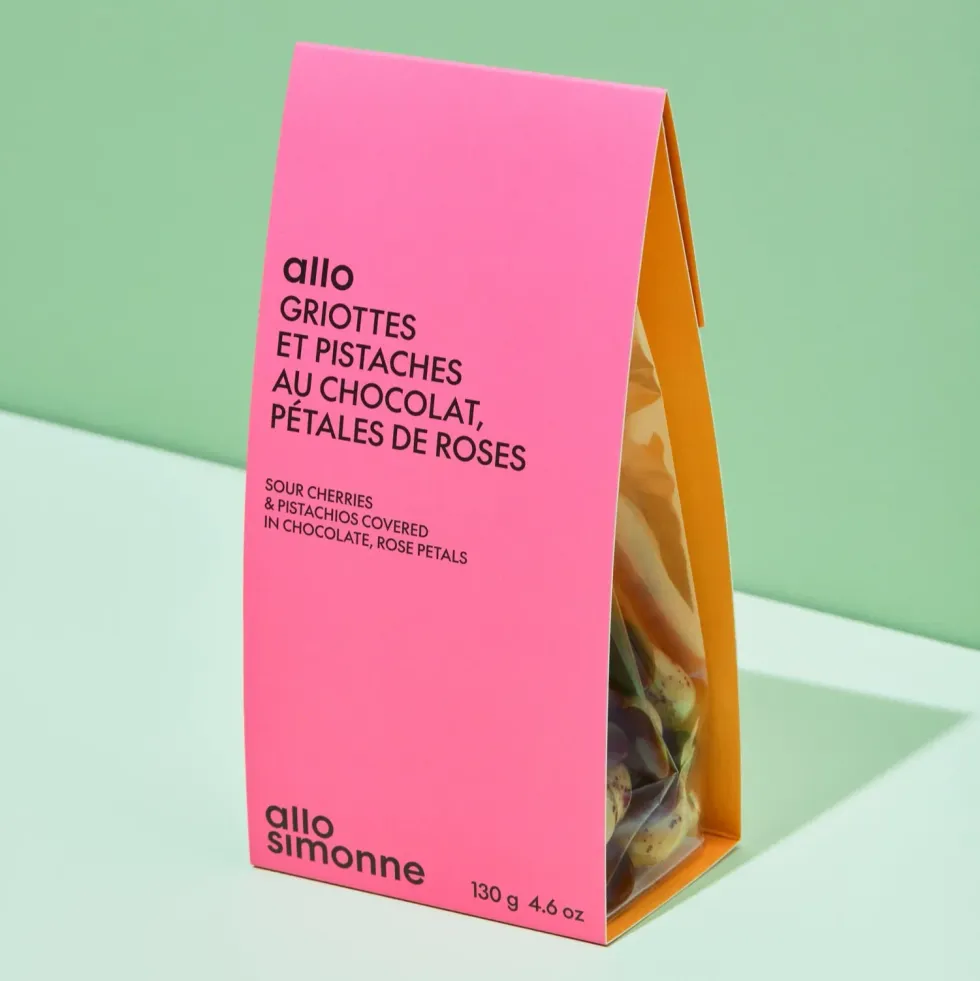 Allo Simonne Sour cherries & pistachios covered in chocolate, rose petals, 130 g.