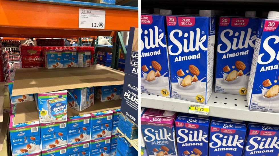 almond breeze almond beverage at costco. right: silk almond beverage at dollarama