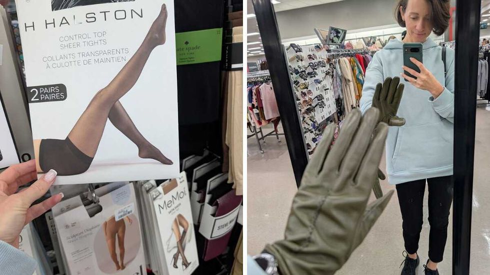 Alona holding a package of tights. Right: Alona trying on leather gloves at Winners.
