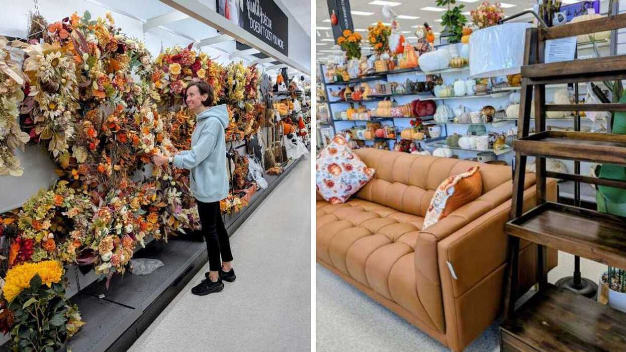 Alona smiles, surrounded by shelves filled with seasonal wreaths. Right: A selection of fall-inspired products available at HomeSense Canada.