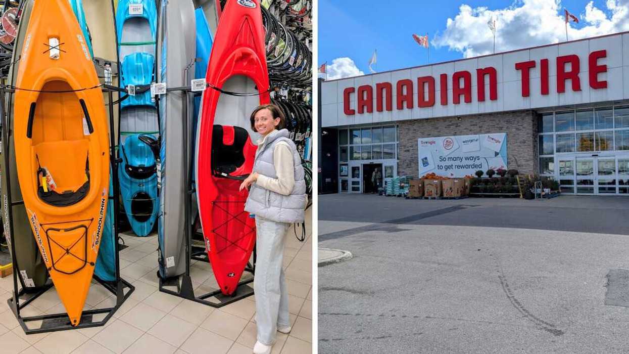 Alona stands near kayaks inside Canadian Tire. Right: Exterior entrance of a Canadian Tire store.