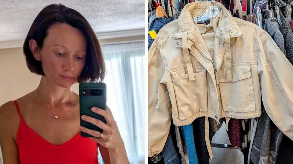 Alona taking a selfie in red dress. Right: Beige jacket hanging in a thrift store.