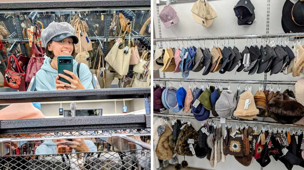 Alona taking a selfie to check out the hat she is trying on. Right: A varied headwear display at Winners.